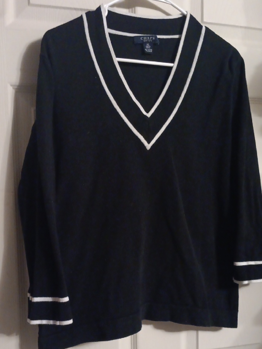 Chaps Womens Black V-Neck Sweater with White Trim